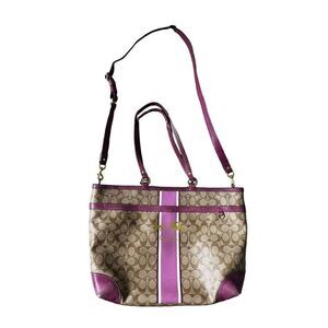 COACH LEATHER CARRYALL IN SIGNATURE CANVAS KHAKI LILAC  LEATHER TOTE BAG